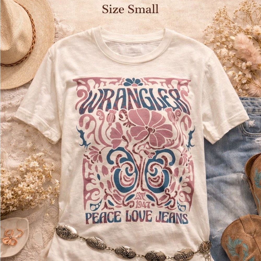 Wrangler T-shirt Peace Love Jeans Graphic Tee Small Retro Western T Shirt